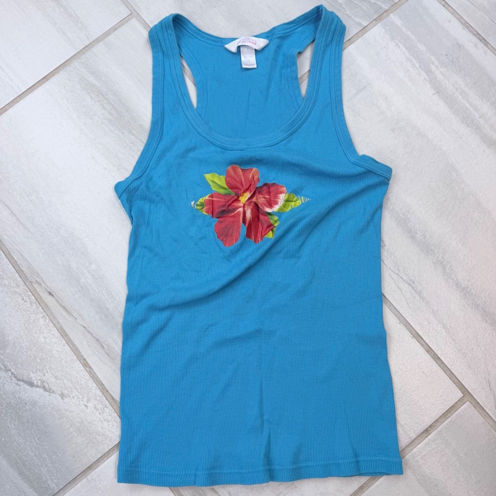 Vintage 2003 Victorias Secret PINK Blue Hibiscus Ribbed Racerback Tank Large